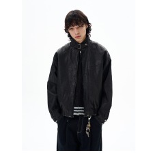 批发春秋季美式水洗做旧立领皮衣外套<b class='q'>男</b>高级感痞帅解构<b class='q'>夹克</b>情侣