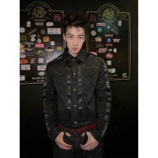 批发美式街头银黑色pu皮拼接正肩短宽外套<b class='q'>男</b>囚鸟设计感翻领皮衣<b class='q'>夹克</b>