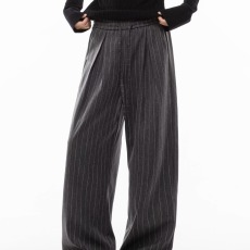 批发春季新款老钱风垂感条纹<b class='q'>休闲</b>裤慵懒百搭复古抽绳褶皱阔腿裤男女