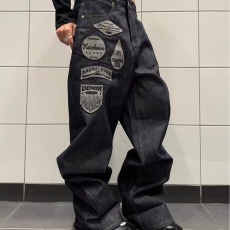 批发美式休闲高端刺绣<b class='q'>牛仔裤</b><b class='q'>男</b>款潮牌弹力<b class='q'>修身</b>直筒个性印花黑色长裤子