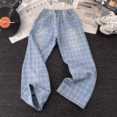 批发蓝色格子牛仔<b class='q'>裤</b>男夏薄款潮牌痞帅炸街<b class='q'>裤</b>子美式高街<b class='q'>宽松</b>直筒微喇<b class='q'>裤</b>
