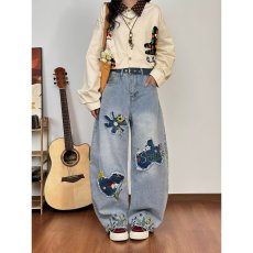 批发美式复古重工花卉刺绣牛仔<b class='q'>裤</b>男女同款春秋新款<b class='q'>宽松</b>休闲阔腿长<b class='q'>裤</b>潮