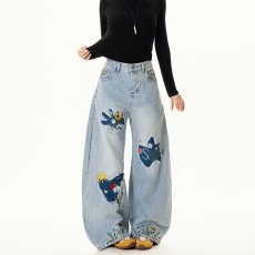 批发美式复古重工花卉刺绣牛仔<b class='q'>裤</b>男女同款春秋新款<b class='q'>宽松</b>休闲阔腿长<b class='q'>裤</b>潮