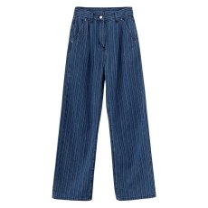 批发复古蓝色竖条纹阔腿高腰牛仔<b class='q'>裤</b>女春秋2026直筒<b class='q'>宽松</b>欧美设计感<b class='q'>裤</b>子