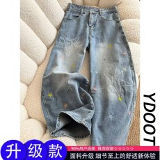 批发美式水洗彩色星星绣花牛仔<b class='q'>裤</b>男女街舞个性设计感<b class='q'>宽松</b>百搭阔腿长<b class='q'>裤</b>