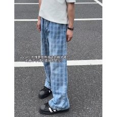 批发撞色<b class='q'>棋盘</b><b class='q'>格</b>美式高街长裤男时尚新款潮宽松直筒怀旧蓝色水洗牛仔裤