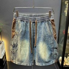 批发美式复古抽绳牛仔短裤男夏季新款宽松重磅洗水五分裤<b class='q'>休闲</b>拼接裤子