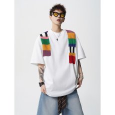 批发明星同款设计感彩虹毛织拼接<b class='q'>短袖</b>T恤男夏季重磅潮牌宽松<b class='q'>情侣</b><b class='q'>半袖</b>