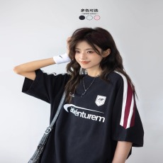 批发国潮美式复古高街插肩短袖t恤夏季新款情侣宽松三条杠百搭上衣