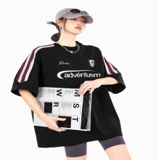 批发国潮美式复古高街插肩短袖t恤夏季新款情侣宽松三条杠百搭上衣