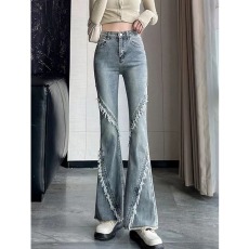 批发微喇叭牛仔裤女春秋<b class='q'>冬</b>季美式复古高腰毛边修身显瘦马蹄裤子
