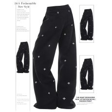 批发美式复古十字满印休闲裤女秋<b class='q'>冬</b>季百搭直筒简约阔腿宽松运动卫裤子