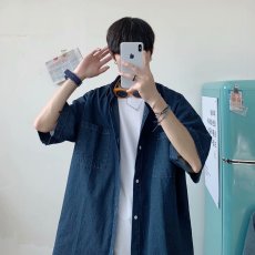 批发潮牌港风复古短袖工装牛仔衬衫夏季男款衬衣青少年宽松休闲薄外套