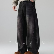 批发美式复古<b class='q'>设计</b>黑色弯刀牛仔裤男女痞帅做旧高街宽松休闲阔腿裤