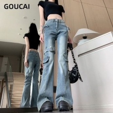 批发美式复古辣妹绑带工装牛仔裤女秋季小众<b class='q'>设计</b>修身显瘦微喇叭长裤子