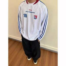 批发美式复古徽章撞色球衣长袖T恤男秋季新款<b class='q'>运动</b>风条纹宽松廓形<b class='q'>上衣</b>