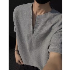 批发美式高街半拉链华夫格短袖男夏季2025新款宽松灰色T恤设计感体恤