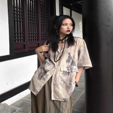 批发新中式国风冰丝短袖衬衫男女夏薄款潮牌潮流痞帅<b class='q'>设计</b>感高级衬衣