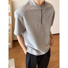 批发高级感半拉链垫肩t恤男cleanfit重磅短袖美式高街铆钉<b class='q'>设计</b>感半袖