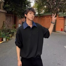 批发美式复古假两件POLO短袖男女潮流休闲情侣半袖<b class='q'>上衣</b>打底衫新款夏季