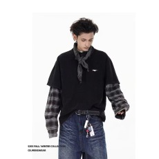 批发慵懒潮流ins流行无品牌简约百搭日系<b class='q'>原宿</b><b class='q'>潮牌</b>格子假两件长袖<b class='q'>T</b><b class='q'>恤</b>男