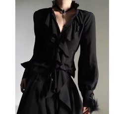 批发法式休闲复古挂脖收腰<b class='q'>上衣</b>女春夏季吊带<b class='q'>露肩</b>气质背心荷叶边黑衬衫