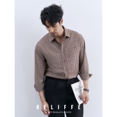 批发优雅商务绅士 高级感<b class='q'>男士</b>咖色格子<b class='q'>衬衫</b>简约<b class='q'>长袖</b>百搭休闲<b class='q'>衬衣</b>春秋