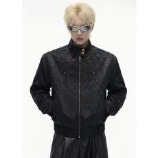 批发小众血蟒蛇纹理感皮衣宝石点缀立领<b class='q'>短款</b>夹克外套痞帅秋冬