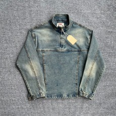 批发春秋款立领休闲牛仔上衣男弹力面料复古水洗做旧套头夹克宽松外套