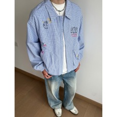 批发美式复古格子外套男秋季宽松休闲<b class='q'>设计</b>感翻领小众蓝格纹夹克潮