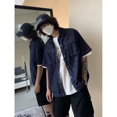 批发2025年夏季新款日系复古宽松休闲<b class='q'>短袖</b>衬衣<b class='q'>男</b>女潮流牛仔衬衫外套