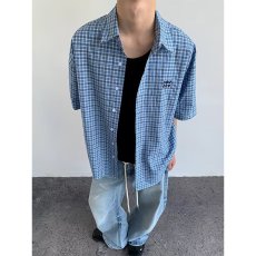 批发新款2025新配色高级感蓝格<b class='q'>短袖</b>衬衫<b class='q'>男</b>流行潮流慵懒无品牌原宿ins