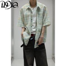 批发夏季新款小清新格子<b class='q'>短袖</b>衬衫<b class='q'>男</b>潮流美式情侣百搭宽松防晒衬衣外套