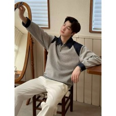 批发松弛感翻领拼接卫衣POLO衫男士秋季穿搭痞帅<b class='q'>设计</b>感长袖上衣打底衫