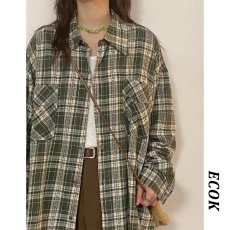 批发高货美式复古洋气衬衫女秋季绿色学院风格子宽松<b class='q'>设计</b>感长袖开衫短