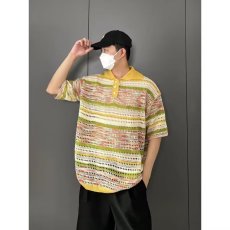 批发新款夏季彩色渐变设计感<b class='q'>短袖</b>针织Polo衫<b class='q'>男</b>女情侣潮牌休闲宽松上衣