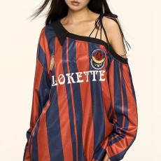 批发美式复古米兰球衣风<b class='q'>女</b>斜肩<b class='q'>卫衣</b>早秋新款绑带露肩blokette长袖T恤