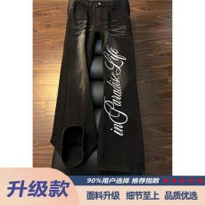 批发美式复古字母印花弯刀牛仔裤<b class='q'>男</b>春夏设计感宽松显瘦直筒阔腿拖地裤