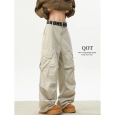 批发美式米白色多口袋工装裤<b class='q'>男</b>女秋季潮牌伞兵阔腿工装裤休闲直筒裤子