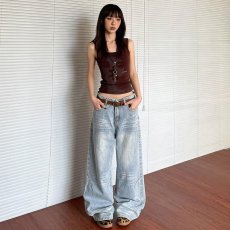 批发浅蓝色渐变裤子<b class='q'>男</b>2025春秋情侣ins美式校园风宽松直筒阔腿牛仔裤