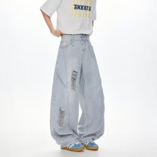 批发做旧喷脏水洗牛仔裤<b class='q'>男</b>夏季美式街头显瘦裤子潮流高街直筒阔腿长裤