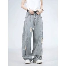 批发浅蓝色破洞美式牛仔裤<b class='q'>男</b>款夏季新款痞帅高街cleanfit阔腿弯刀长裤