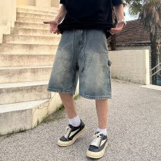 批发复古蓝铆钉工装牛仔短裤<b class='q'>男</b>夏季潮牌美式裤子高级感痞帅五分裤