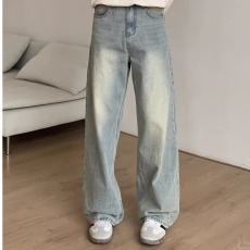 批发美式复古宽松直筒牛仔裤<b class='q'>男</b>女款夏季新款高腰垂感显瘦阔腿拖地裤