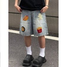 批发美式复古卡通毛巾绣牛仔短裤<b class='q'>男</b>女夏季休闲百搭宽松直筒阔腿五分裤