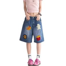 批发美式创意薯条甜甜圈卡通五分裤<b class='q'>男</b>女街头嘻哈高街直筒牛仔短裤新款