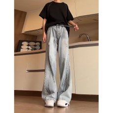 批发夏季美式潮牌破洞牛仔裤<b class='q'>男</b>生潮流宽松帅气复古高街直筒阔腿长裤子