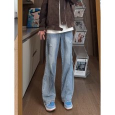 批发美式街头复古蓝水洗扎染破洞牛仔裤<b class='q'>男</b>夏薄款阔腿弯刀裤直筒工装裤