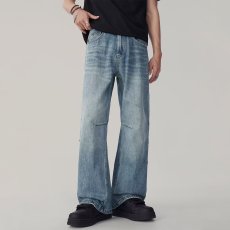 批发水洗做旧牛仔裤2025春季新款铆钉手工磨破分割中腰微喇裤子<b class='q'>男</b>