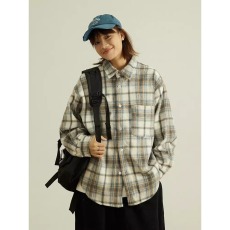 批发日系覆古毛呢格子长袖衬衫男女款宽松休闲百搭衬衣外套